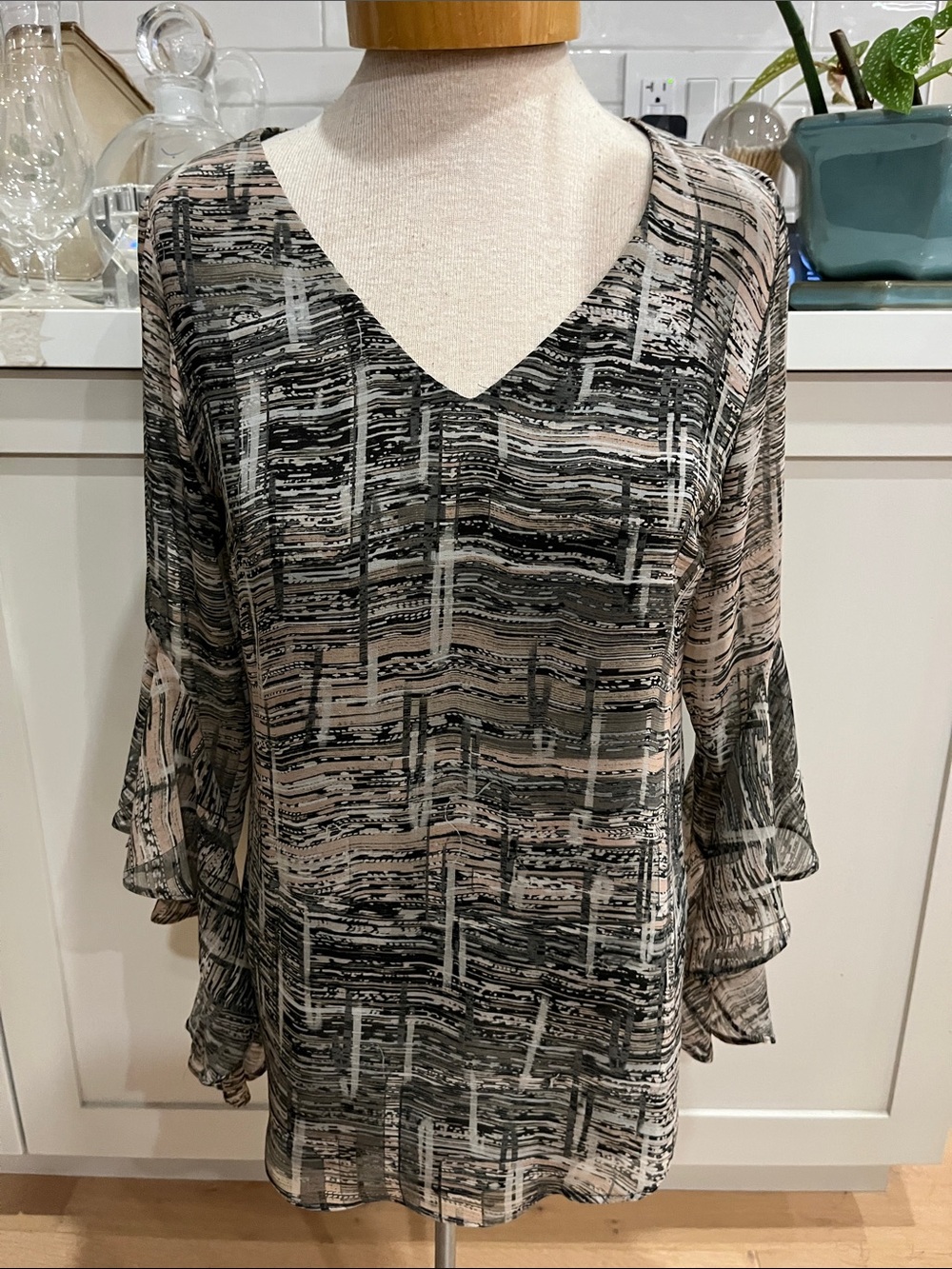 Iris Setlakwe V-Neck Sheer Ruffle Sleeve Blouse in Black, Pink and Cream